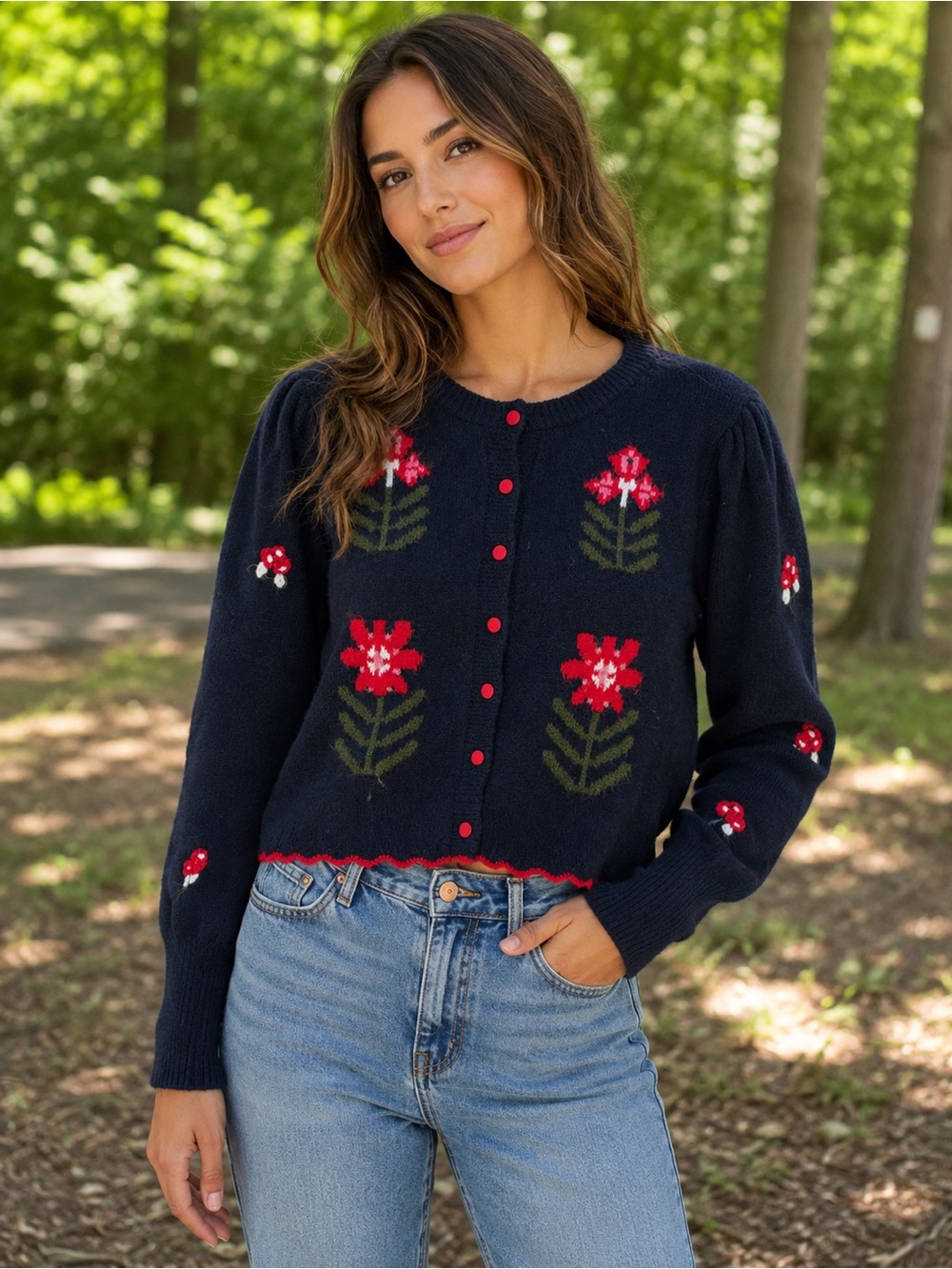 Free People Navy Floral Knit Button-Front Cardigan with Red Accents